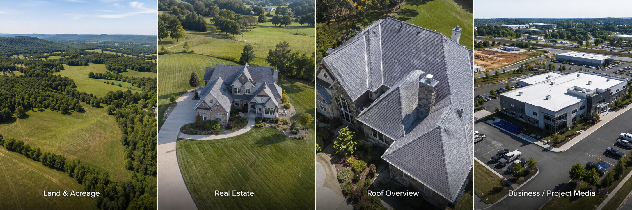 Collage of four aerial images showing land, a residential property, a house roof, and a commercial building with parking lot, labeled from left to right as 'Land & Acreage,' 'Real Estate,' 'Roof Overview,' and 'Business / Project Media.'