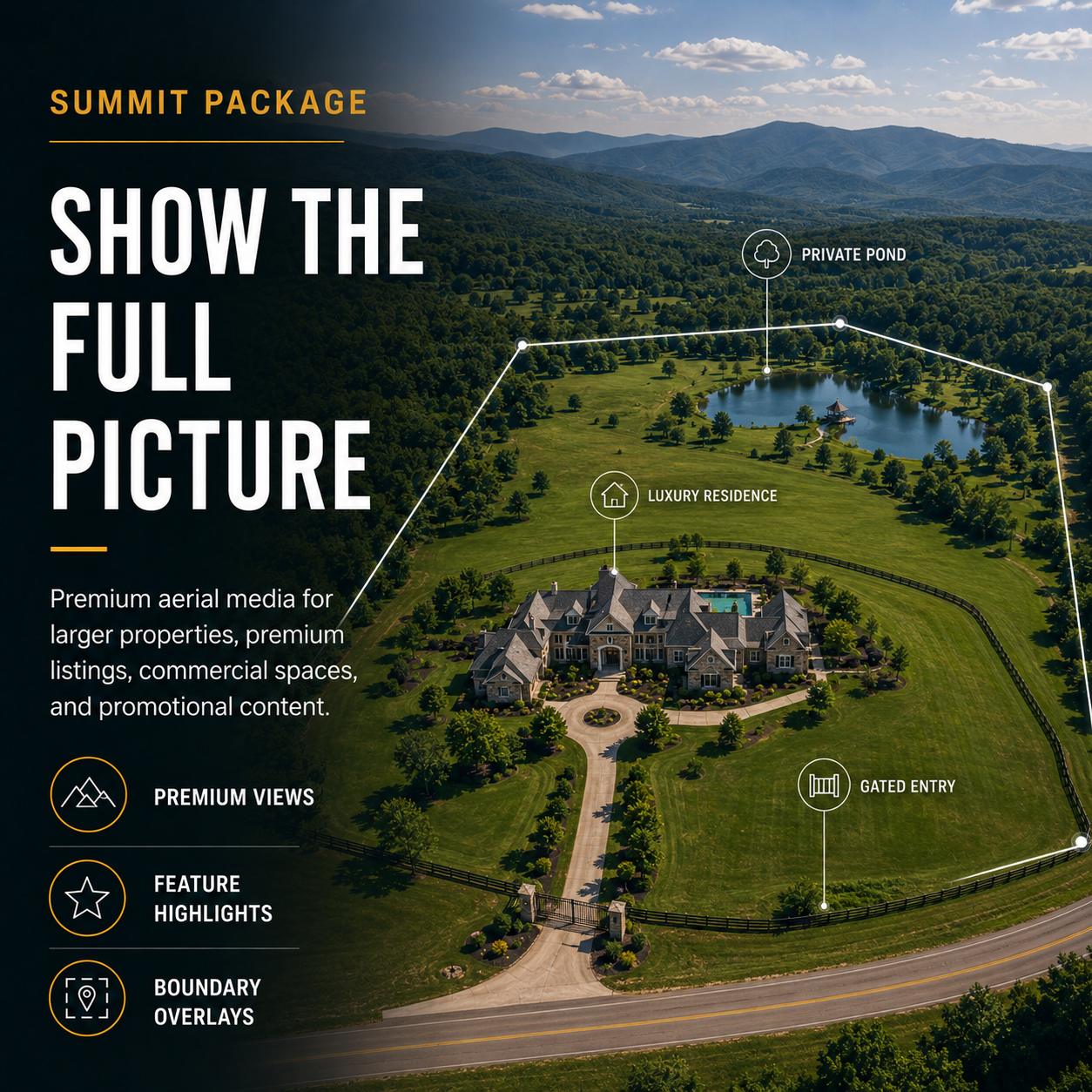 An aerial view of a large luxury estate with a gated entry, situated on expansive property featuring a private pond in the distance. The estate is surrounded by lush greenery and mountains in the background. The image highlights premium views, feature highlights, and boundary overlays.