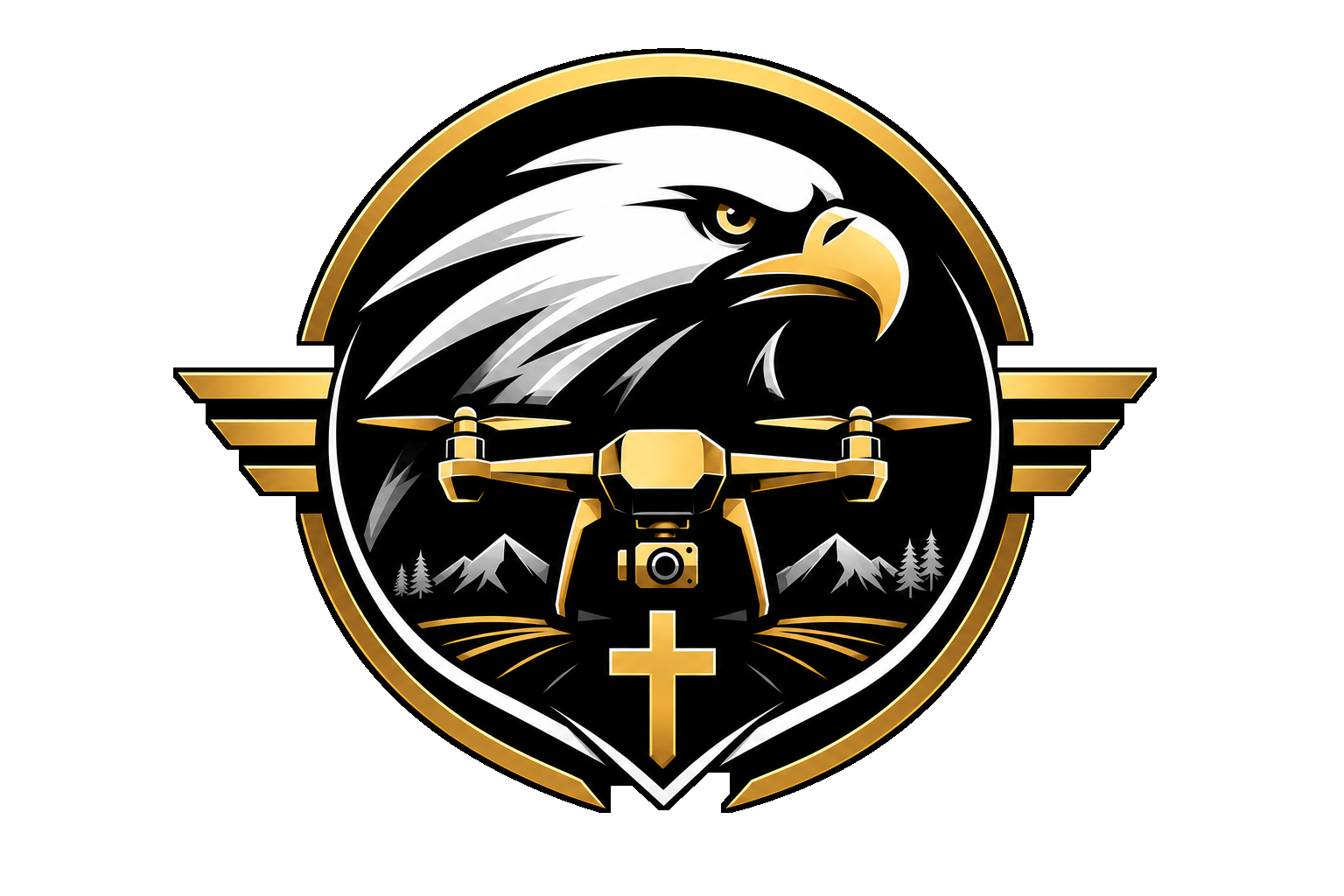 A logo featuring an eagle's head in white and gold, a drone with a camera, mountains, trees, a cross, and a circular border with gold accents on a black background.