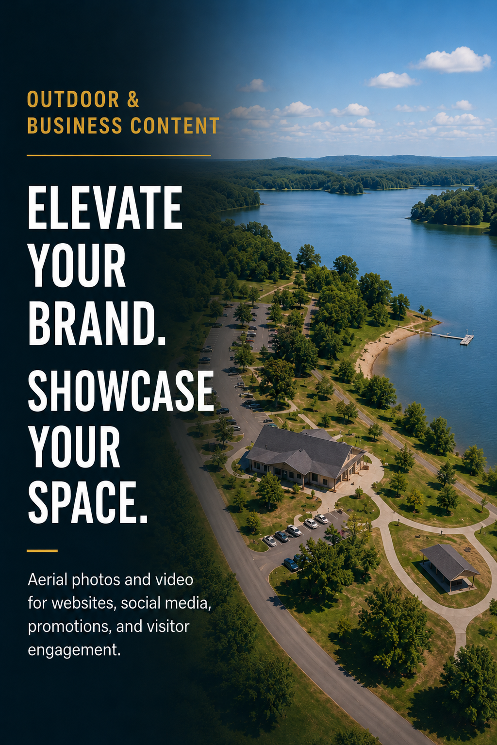 Aerial view of a park with walkways, trees, and a waterfront, with text overlay promoting outdoor and business content, brand elevation, and visitor engagement.