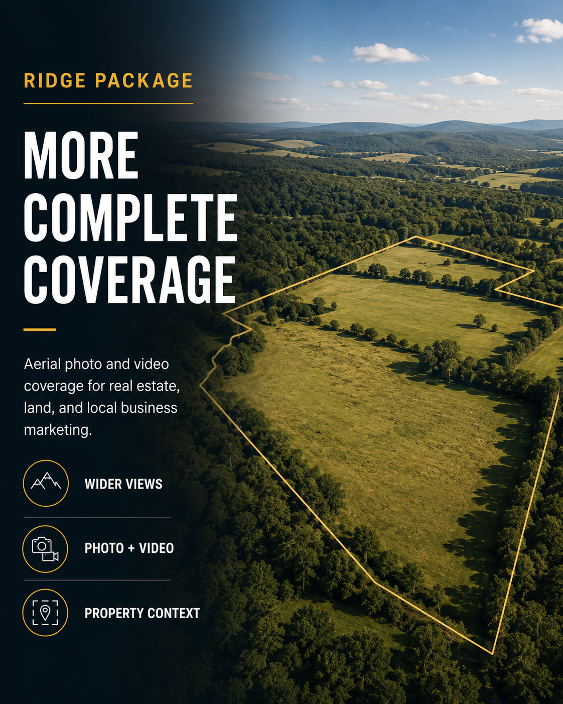 Aerial photo of a large green field outlined in yellow lines, surrounded by trees and rolling hills under a partly cloudy sky, with overlay text advertising real estate video coverage.