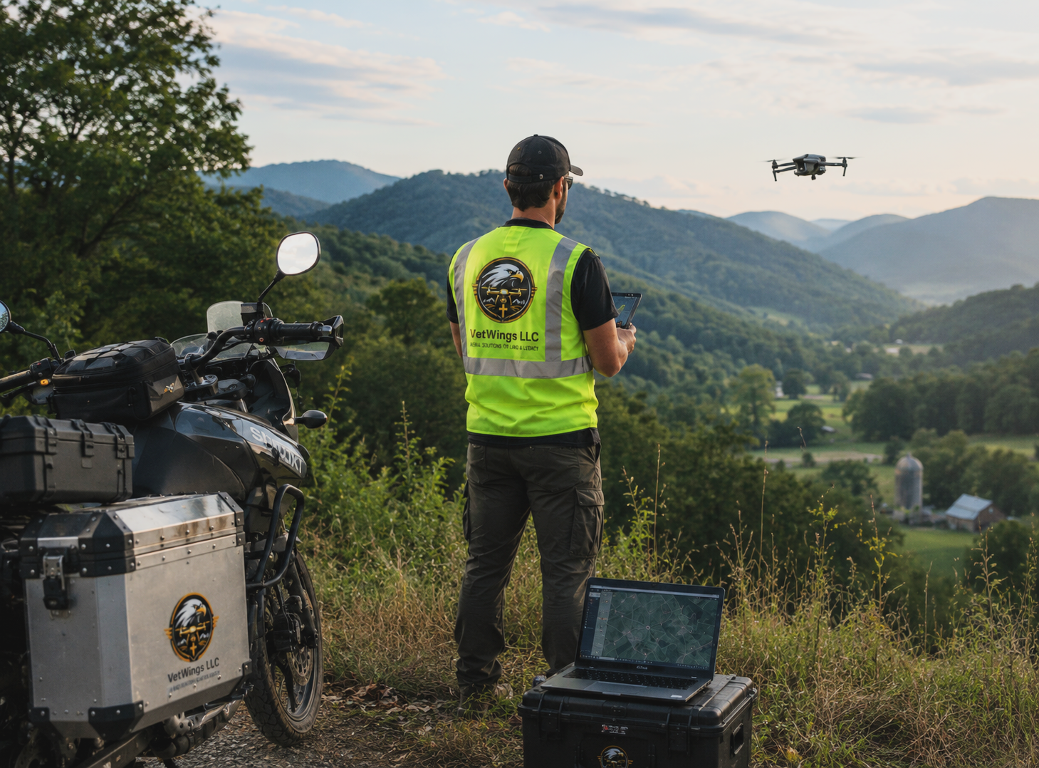 A man wearing a bright yellow safety vest with "VetWings LLC" logo stands on a hillside overlooking a scenic valley with mountains, trees, barns, and silos. He is holding a tablet device, with a laptop and drone equipment nearby, and a black motorcycle is parked next to him.