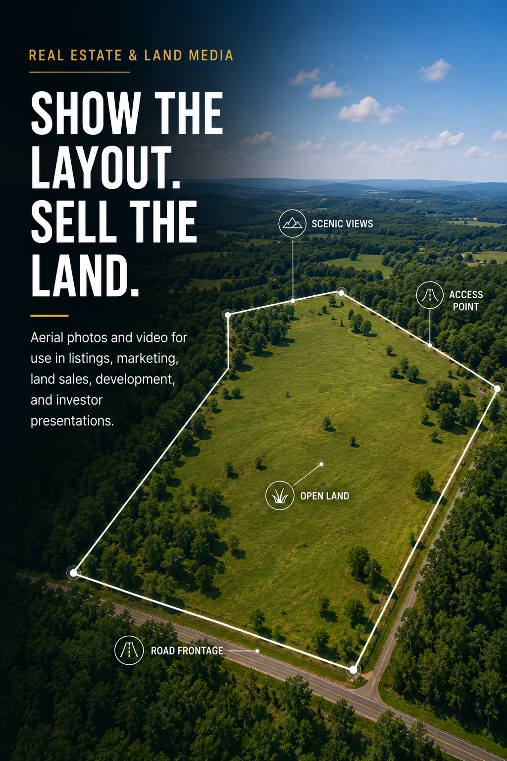 Aerial view of a large open land parcel with labeled points for scenic views, access point, open land, and road frontage, used for real estate marketing and land sales.