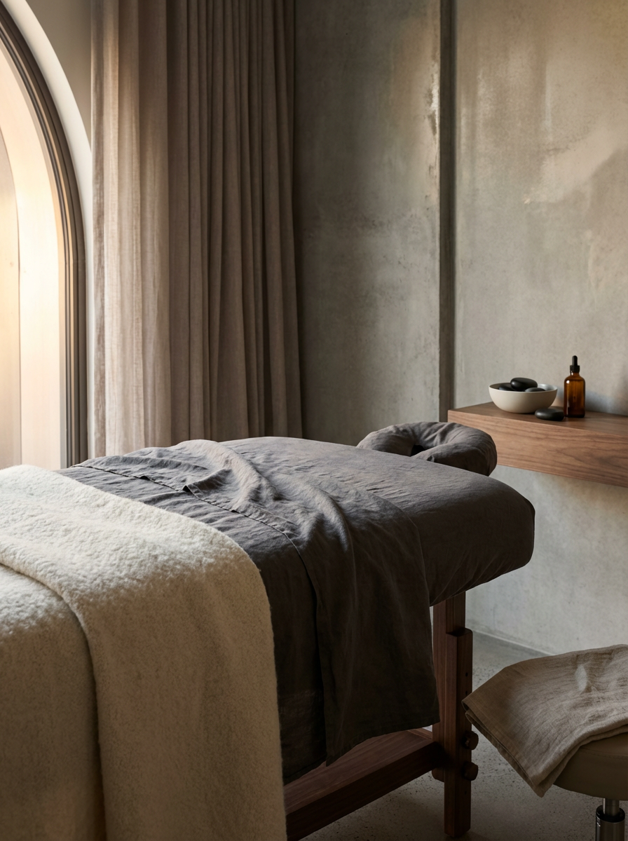 Massage table in a room with beige curtains and concrete wall, with a side table holding a bowl, stones, and a small bottle.