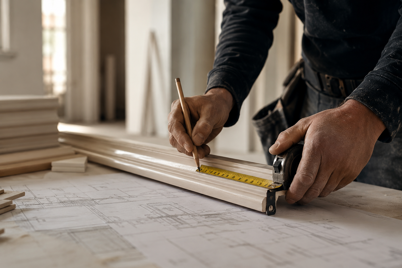 A person using a pencil and measuring tape to measure a piece of wood on a work table covered with architectural drawings, in a woodworking shop.