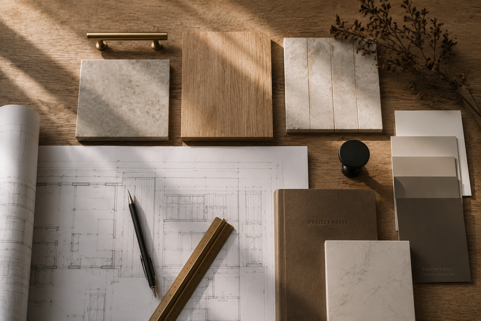 Architectural design workspace with floor plans, wood and tile samples, color palette swatches, project notes, pencil, ruler, and black stamp on a wooden table.