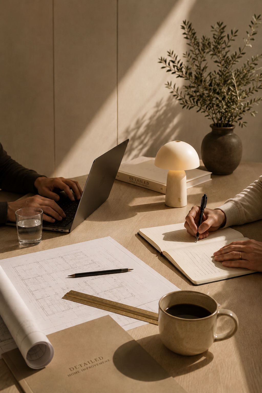 Two people working at a table with architectural plans, a laptop, a notebook, a pen, a cup of coffee, a glass of water, a lamp, and a potted plant in the background.