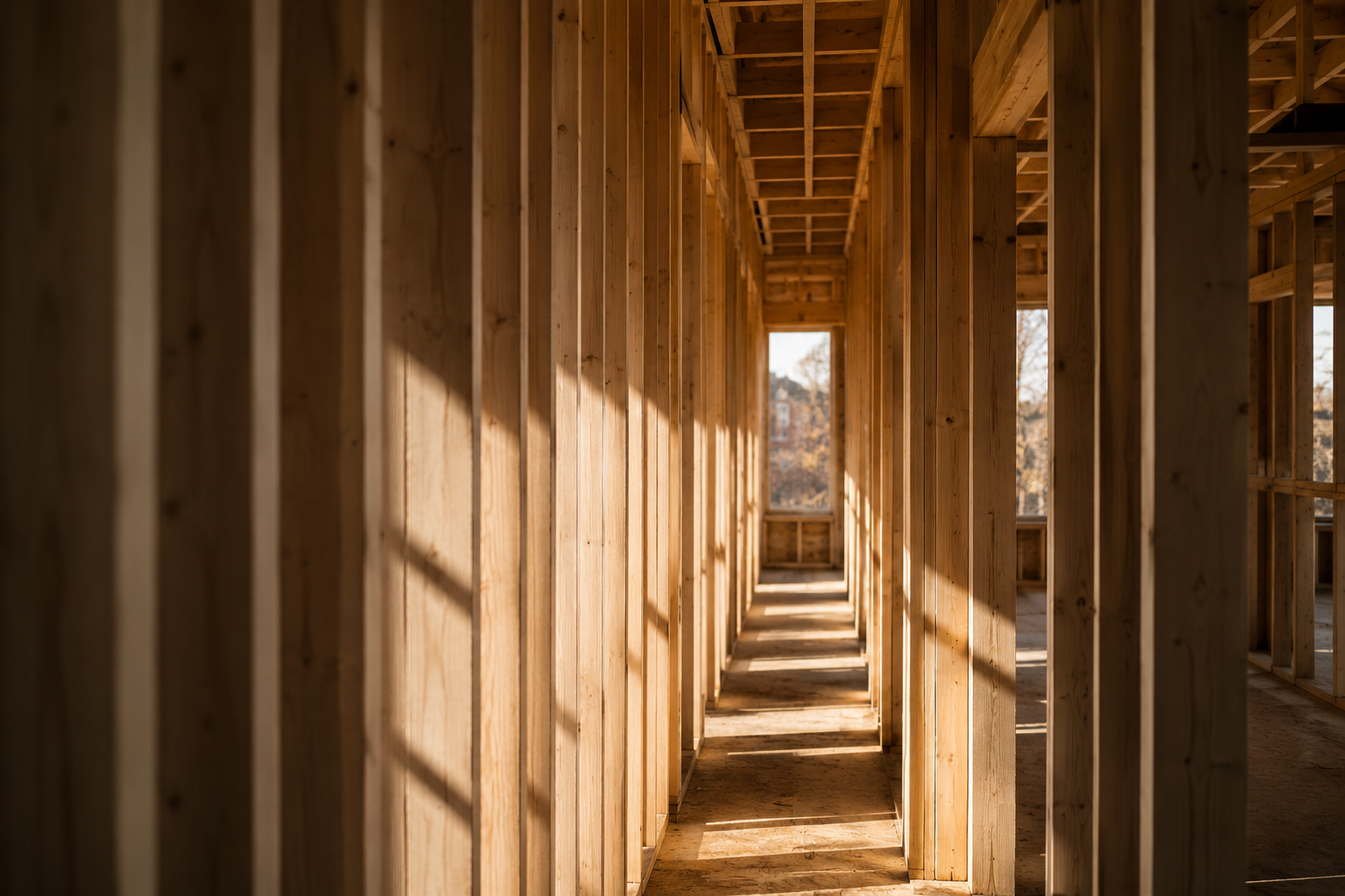 Interior view of a building under construction with wooden framing and sunlight streaming through windows.