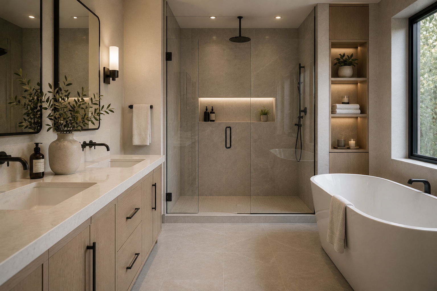 Modern bathroom with a double vanity, green leafy plant, large mirror, wall-mounted light fixtures, walk-in shower with glass door and black fixtures, built-in shelf with candles and towels, freestanding bathtub near window, and neutral-toned tile and cabinetry.