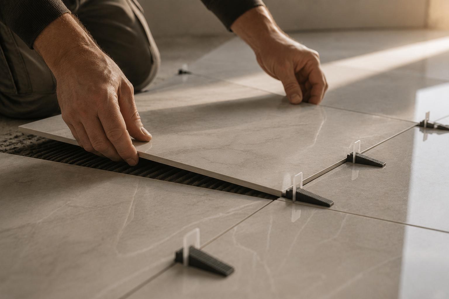 Person installing ceramic tiles on a floor, using spacers and a straight edge for alignment.