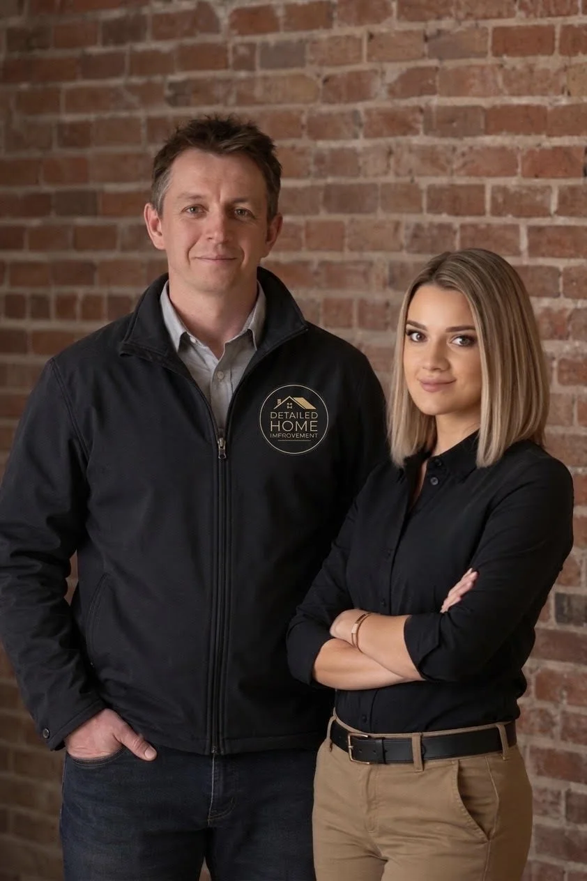 A man and woman posing in front of a brick wall, both dressed in black tops. The man is wearing a black jacket with a logo reading 'Detailed Home Improvement.' The woman has short blond hair and is crossing her arms, smiling at the camera.