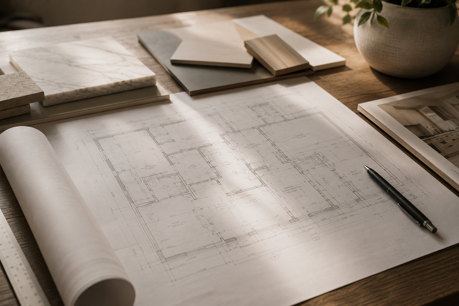 Architectural blueprint on a wooden desk with paint samples, color swatches, and a pen.