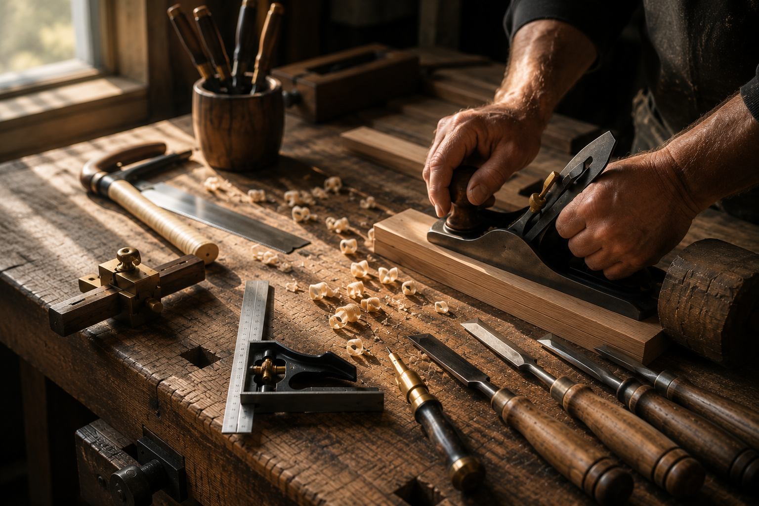 A woodworker using a hand plane on a wooden piece in a workshop with various woodworking tools and shavings on a rustic workbench.