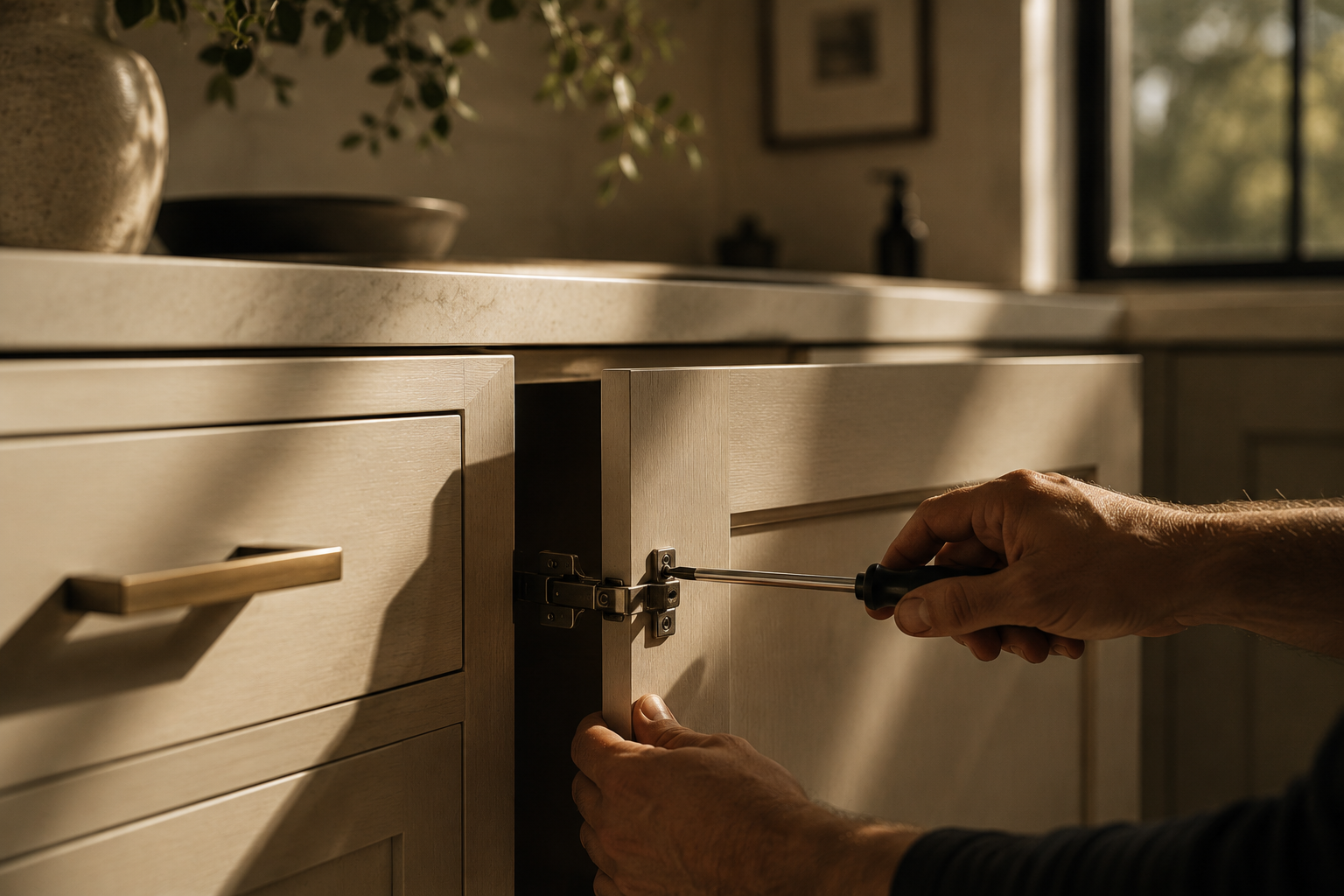 Person using a screwdriver to tighten cabinet hinges in a kitchen with natural light.