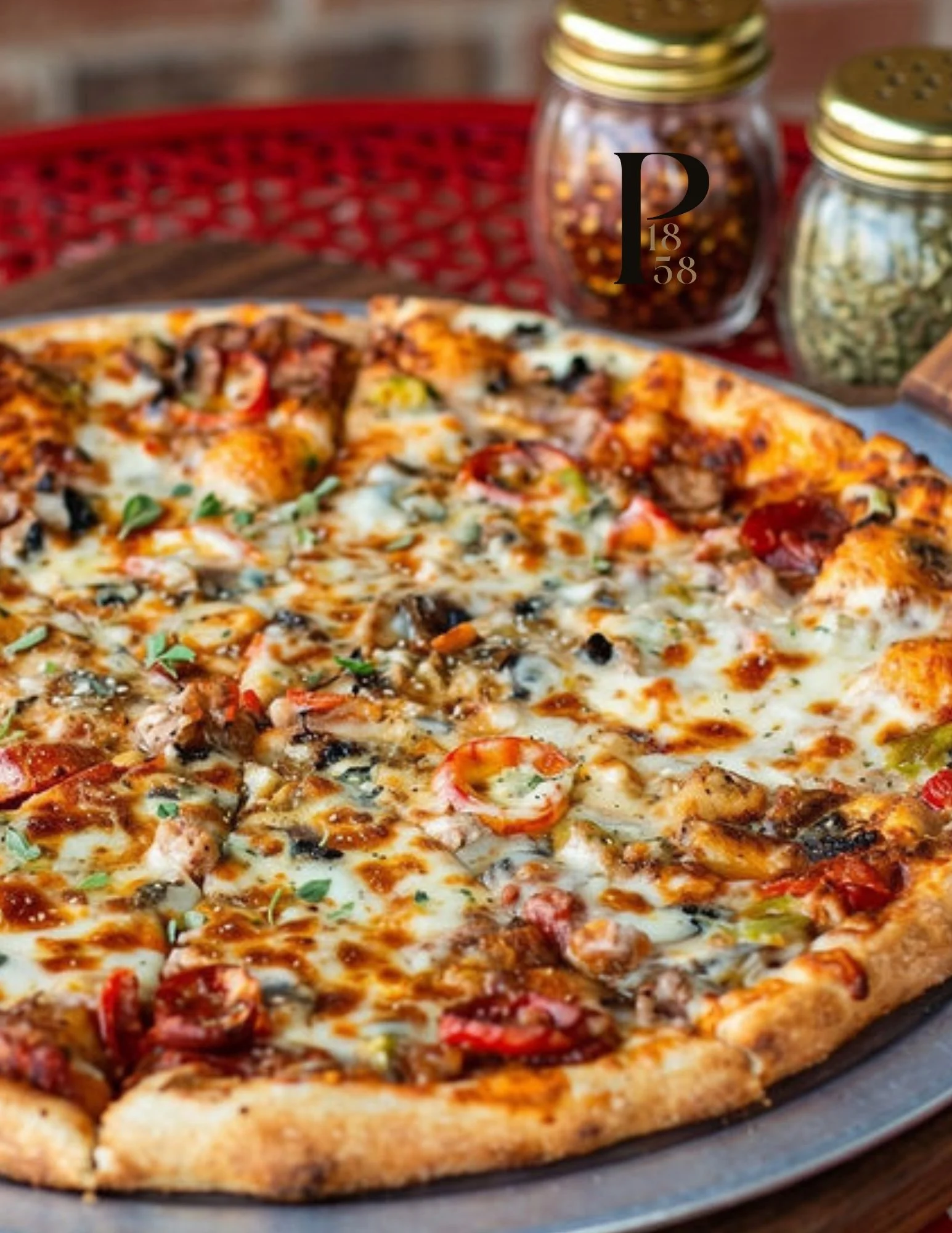 Pizza with toppings and crushed red pepper on a red bistro table
