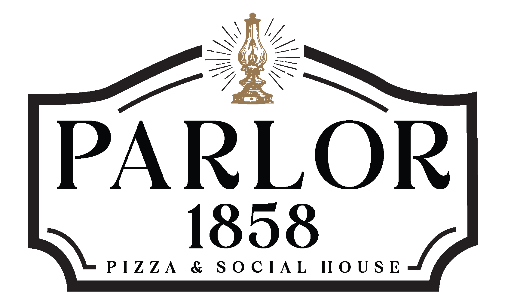The logo for the restaurant called Parlor 1858 Pizza and Social House, there is a black outline and a lamp shining on top
