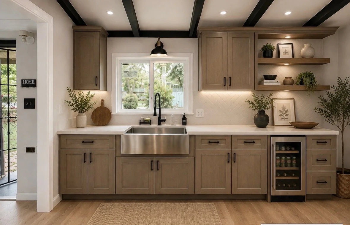Custom kitchen with a view of the yard and dark wooden ceiling beams