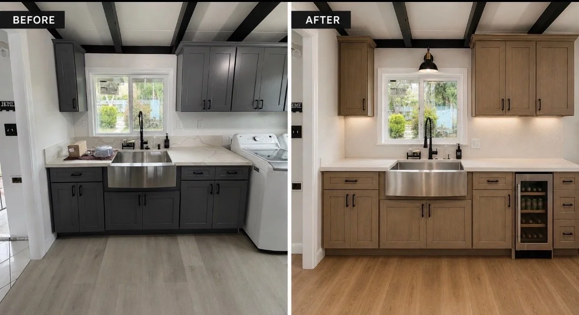 before and after of a kitchen remodel including a wine fridge