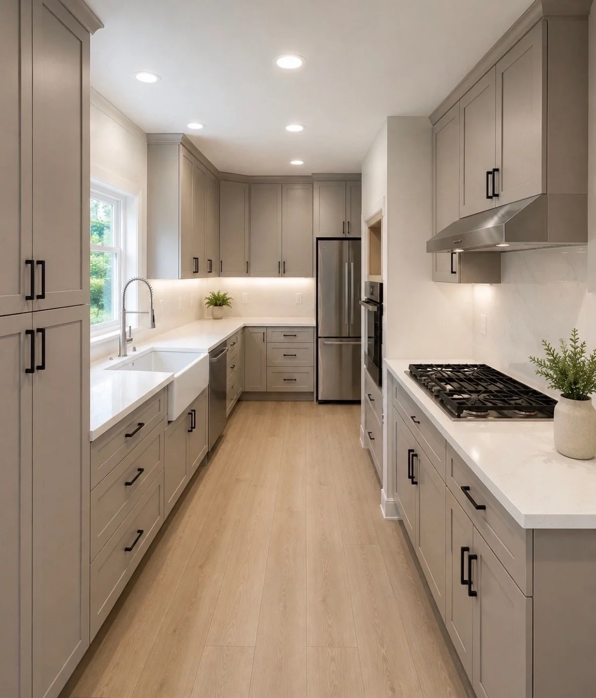 Completely renovated galley kitchen with new cabinets and countertops