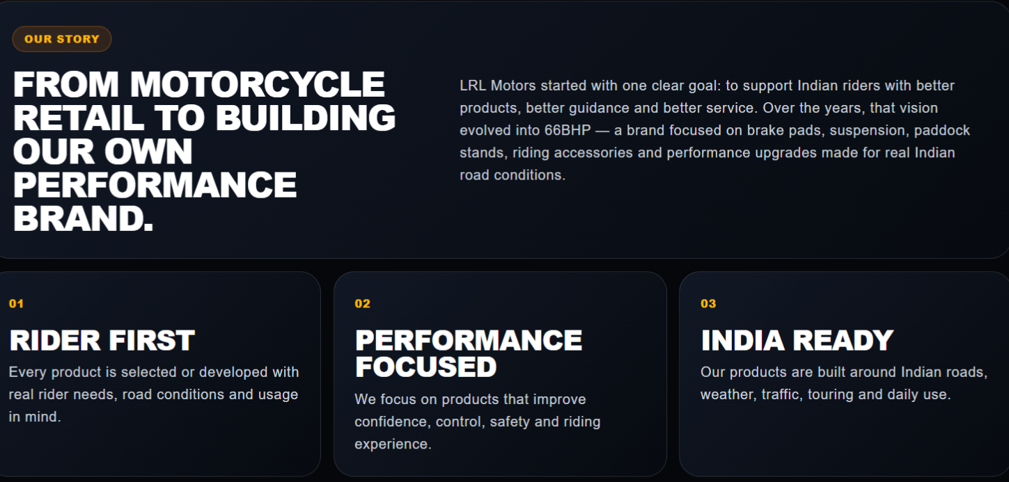 Webpage with dark background and white text, describing the story of LRL Motors, a brand focused on Indian motorcycle accessories and upgrades, highlighting their goals, product focus, and readiness for Indian roads.