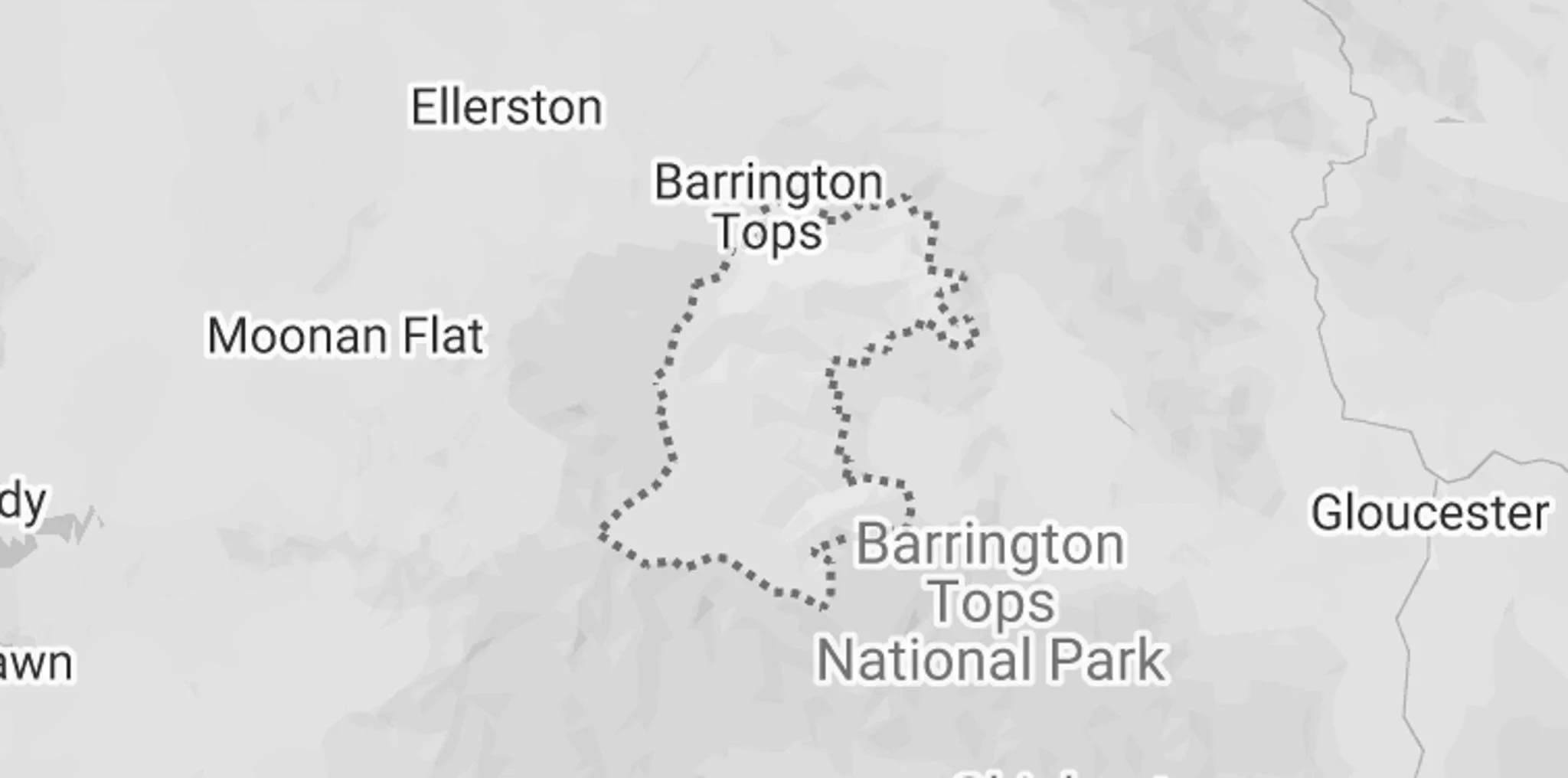 Map showing the route to Barrington Tops, with nearby locations such as Ellerston, Moonan Flat, Gloucester, and Barrington Tops National Park marked.