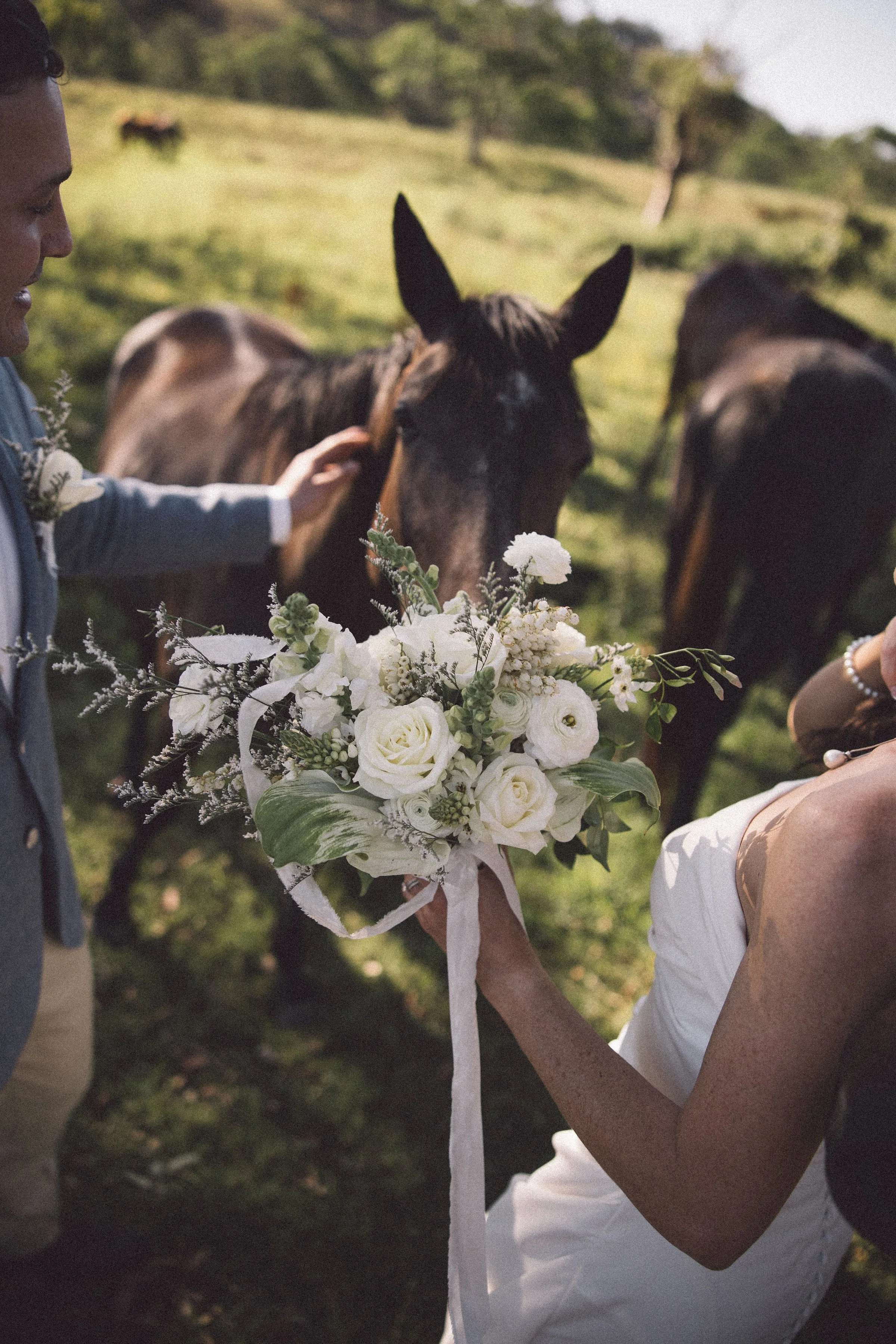 A couple dressed in wedding attire sitting on a stone ledge outdoors, sharing a kiss with trees and a fence in the background.