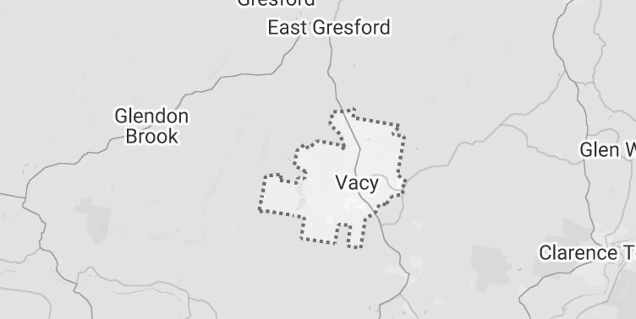 A map showing the area around Vacy, with nearby locations labeled including East Gresford and Glendon Brook. The map features a dotted outline around Vacy, possibly indicating a boundary or specific zone.