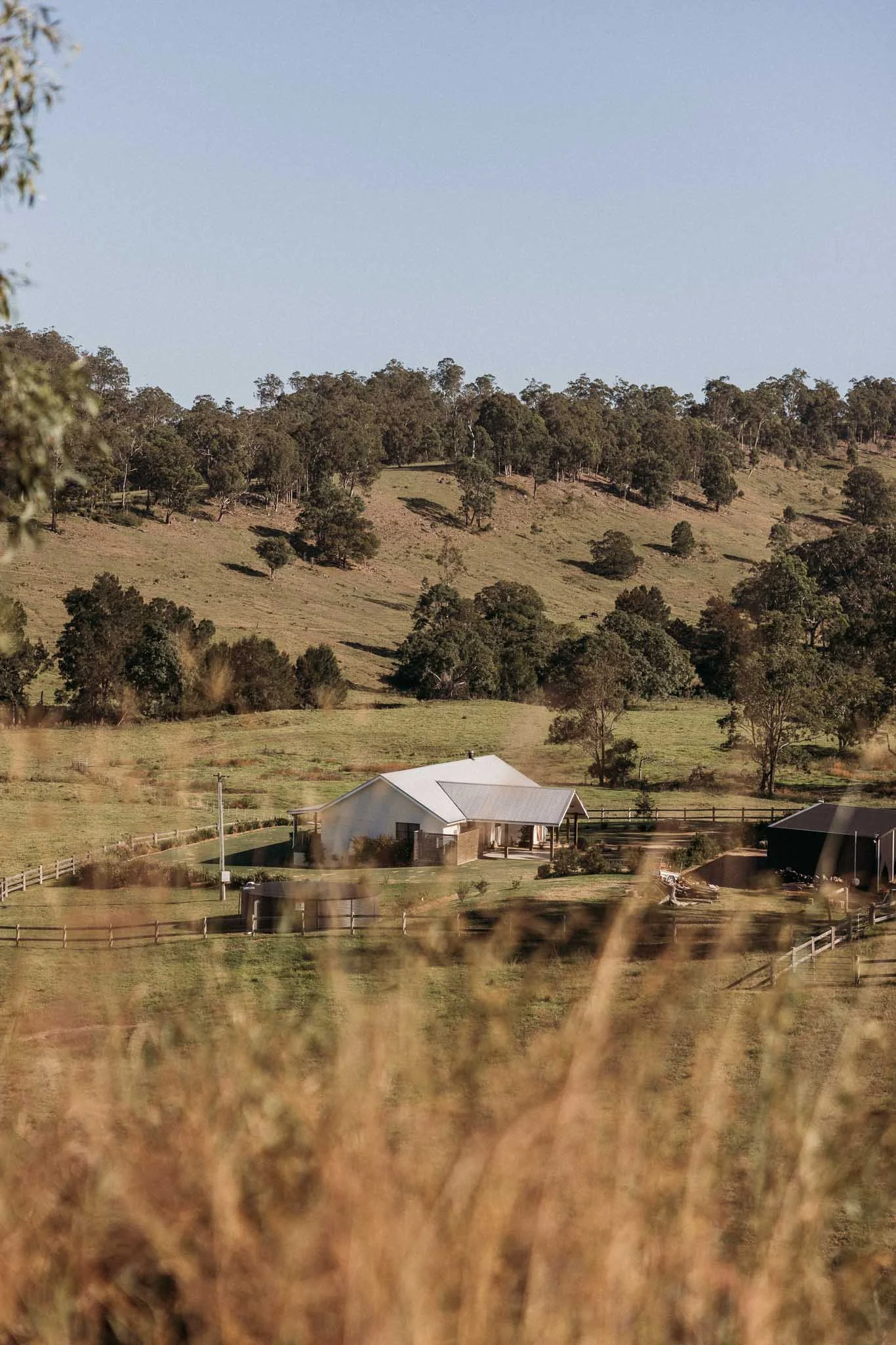 A rural landscape with a small white house, fenced yard, and rolling hills covered with trees under a clear blue sky.
