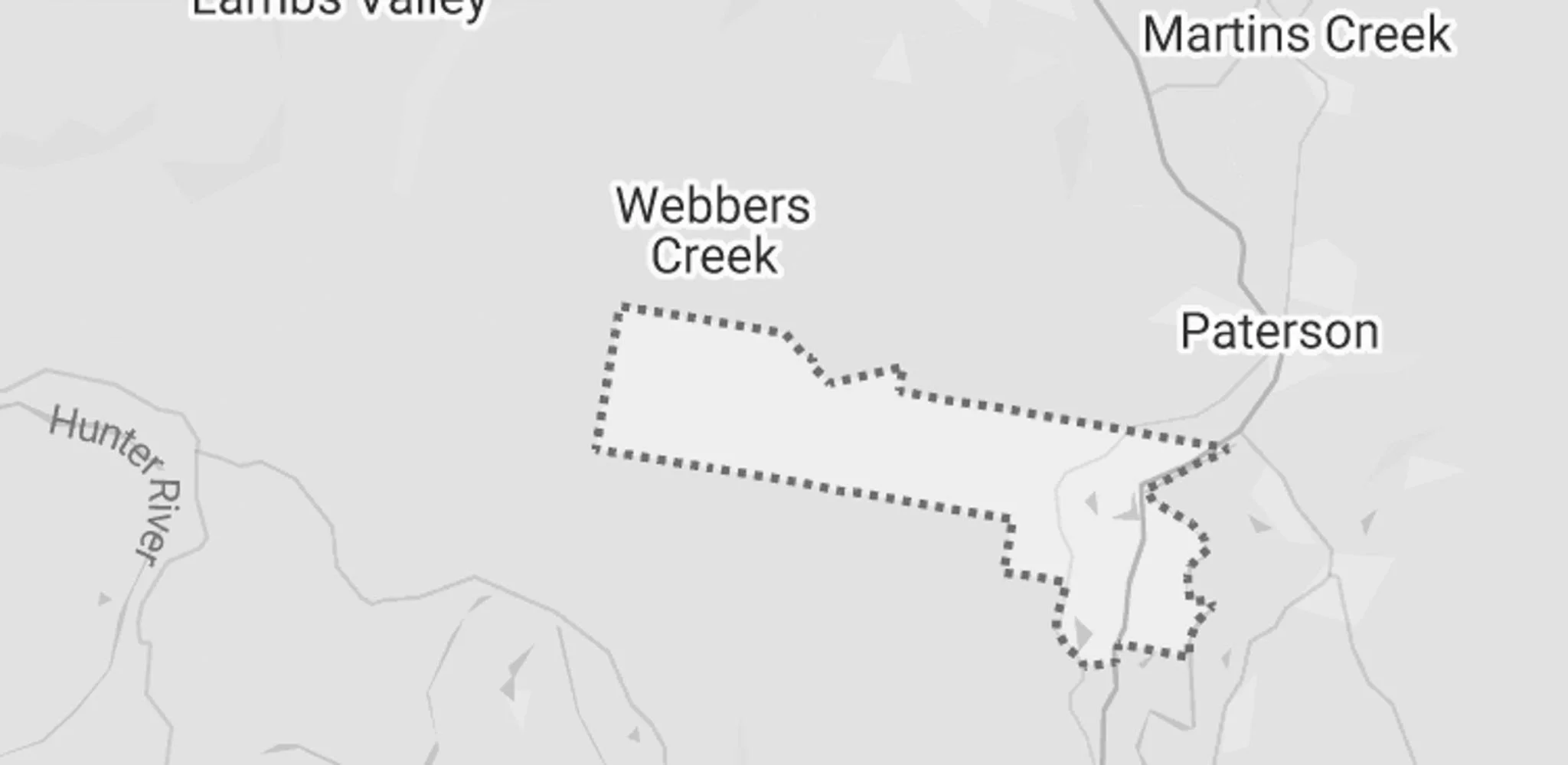 A map showing locations of Lambs Valley, Martins Creek, Webbers Creek, Paterson, and Hunter River, with dotted lines indicating routes