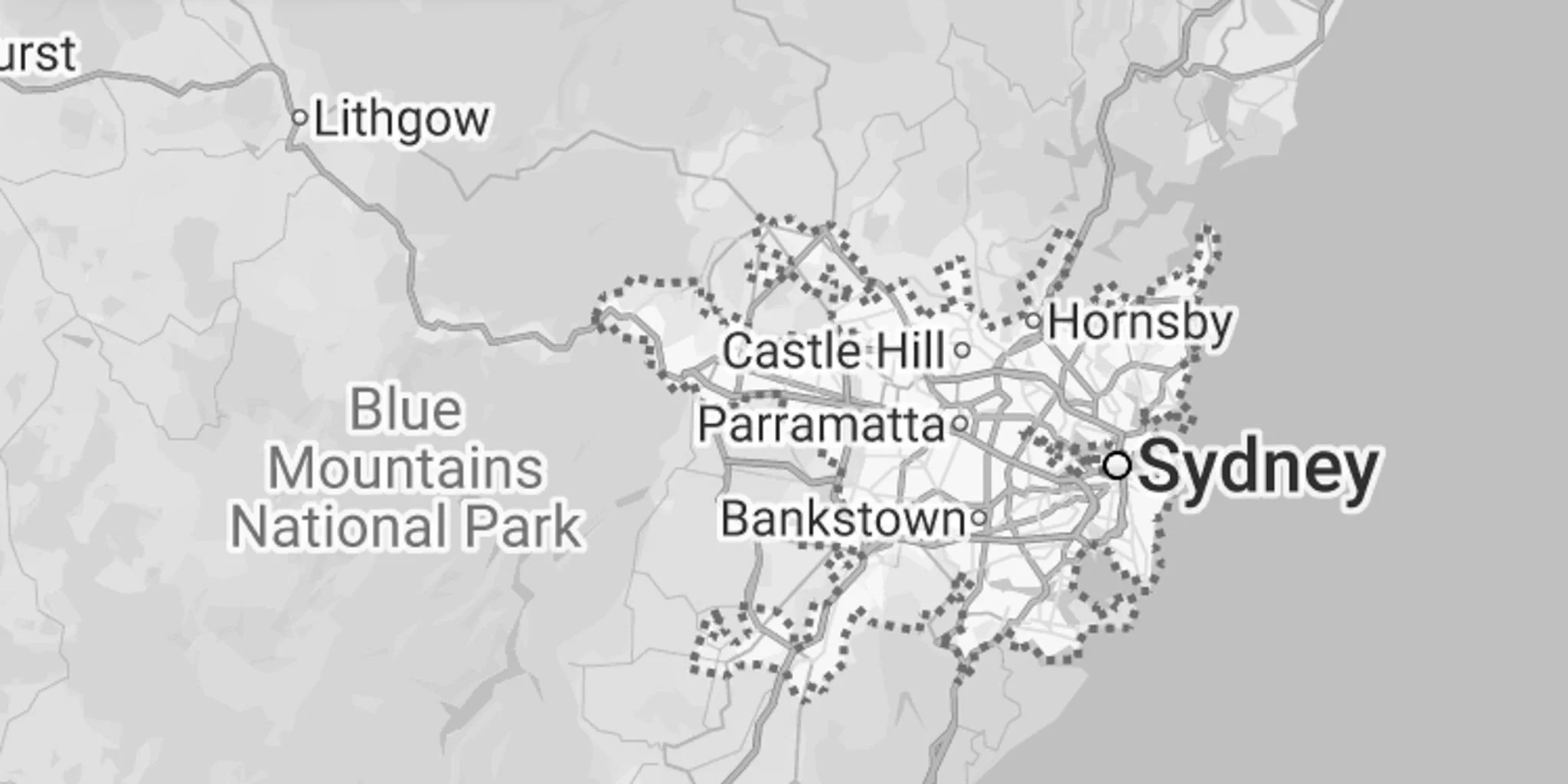 Map showing the Sydney area in Australia with nearby locations including Lithgow, Castle Hill, Hornsby, Parramatta, Bankstown, and Blue Mountains National Park in grayscale.