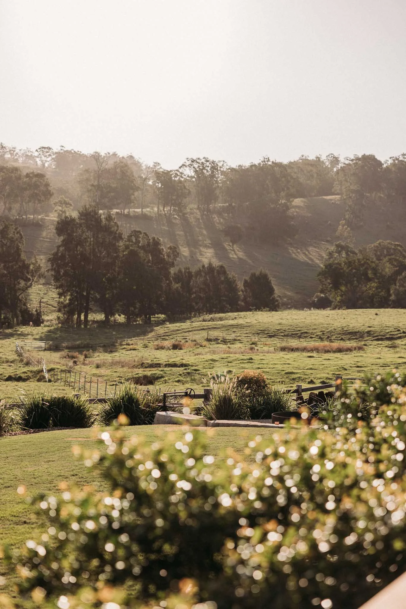 A scenic view of a countryside landscape with a green lawn, bushes in the foreground, a fenced area, scattered trees, and rolling hills in the background under a hazy sky.