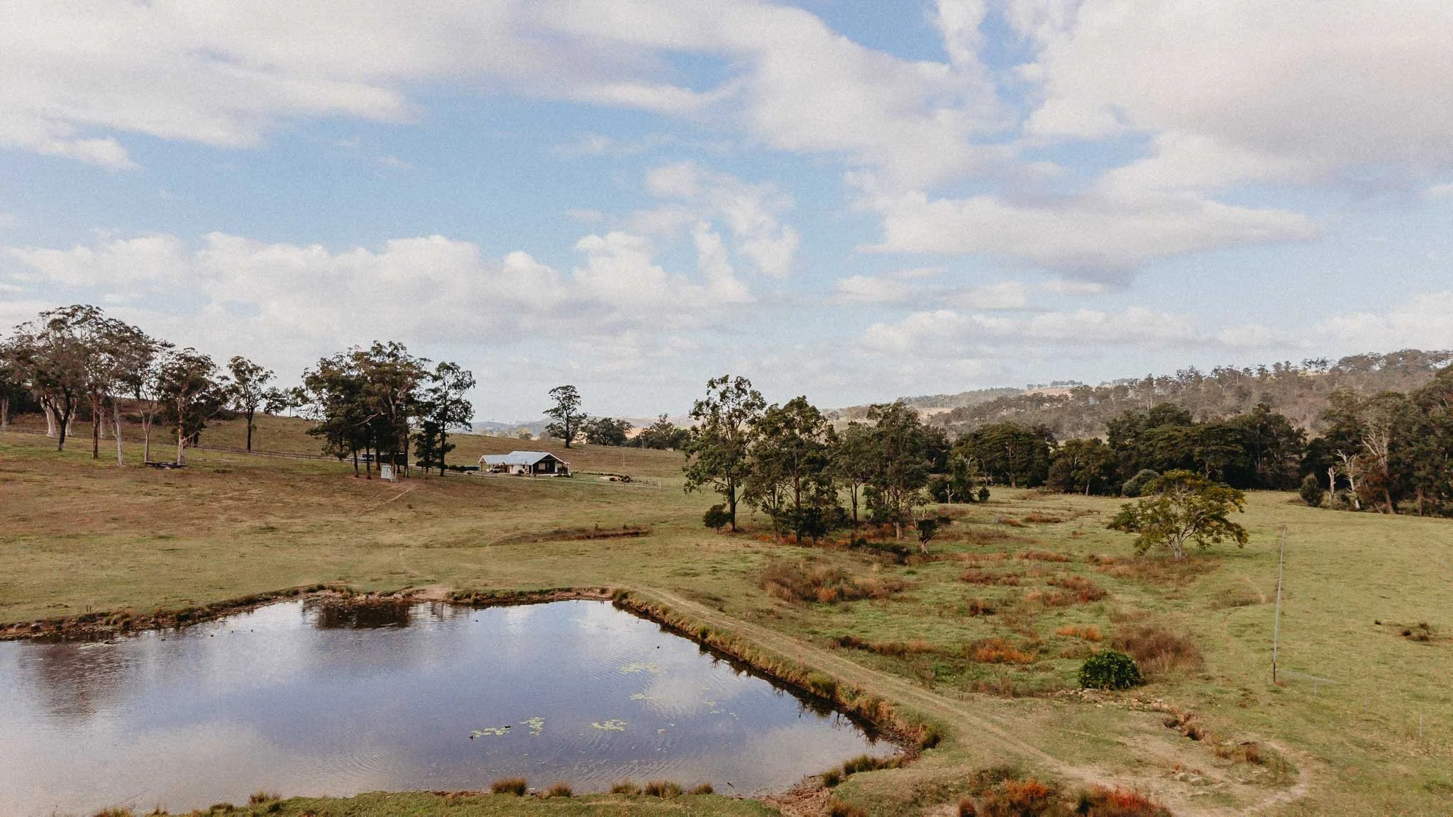 A rural landscape with a pond, grassy fields, scattered trees, and a small farmhouse under a partly cloudy sky.