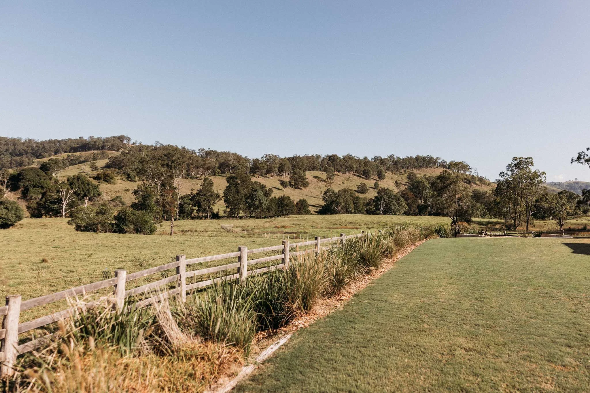 A scenic landscape with rolling green hills, scattered trees, and a clear blue sky.