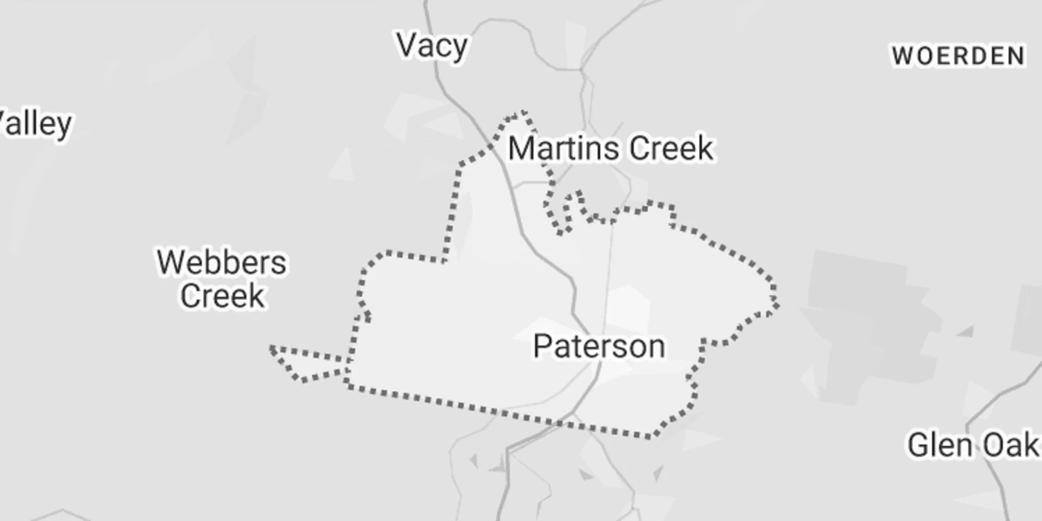 Map showing the area around Martins Creek with nearby locations Webbers Creek, Vacy, Paterson, Woerden, and Glen Oak, featuring dotted boundary lines.