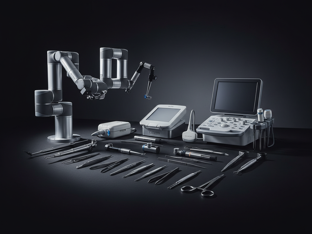 Medical robotic arm and various surgical instruments and devices on a dark background