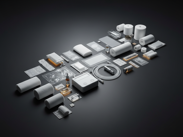 Various medical supplies and equipment arranged on a dark surface, including bandages, ointments, syringes, and medical devices.