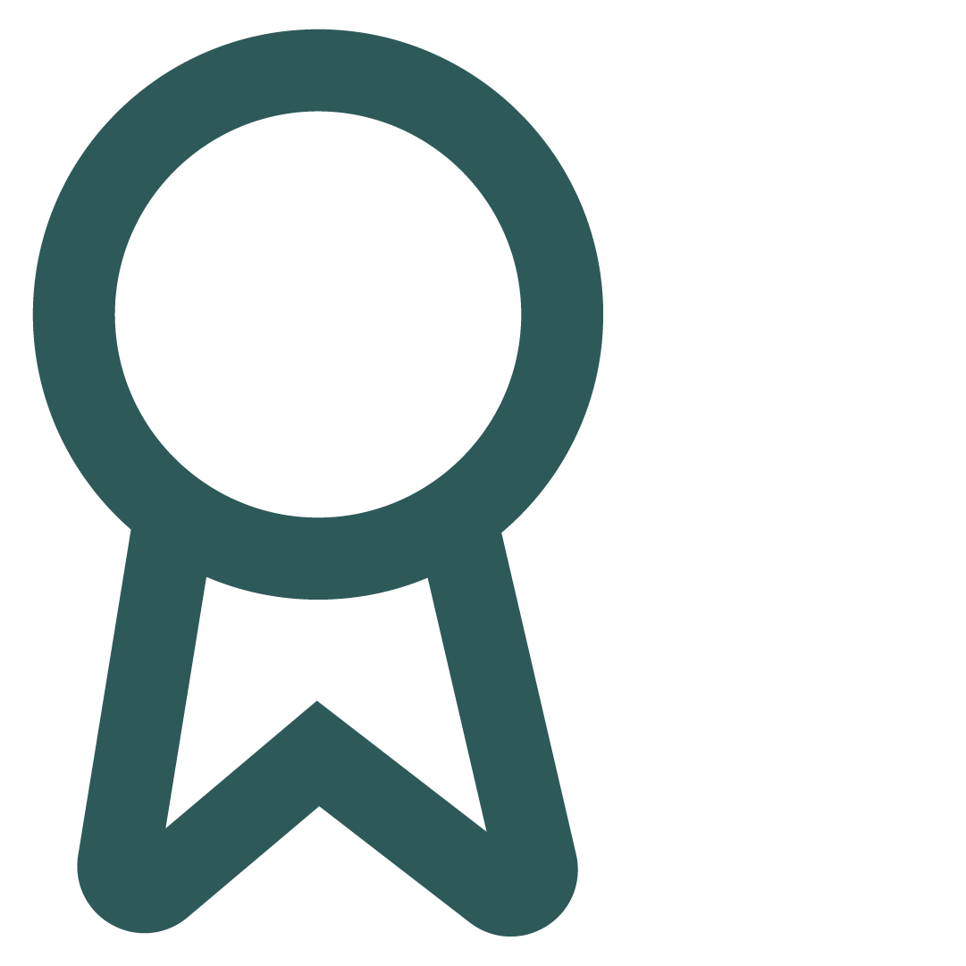 Icon of a award ribbon or medal with a circular top and a downward-pointing ribbon tail.