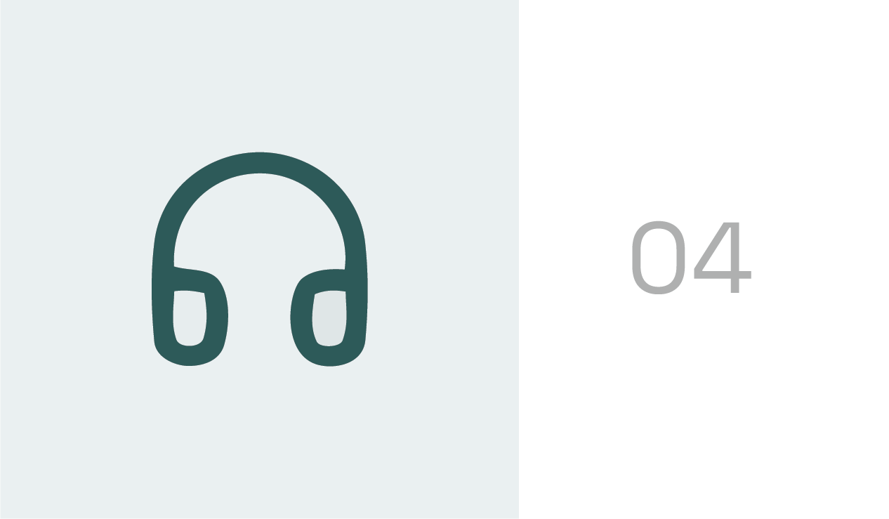 Icon of headphones on a white background, with the number 04 on a black background to the right.