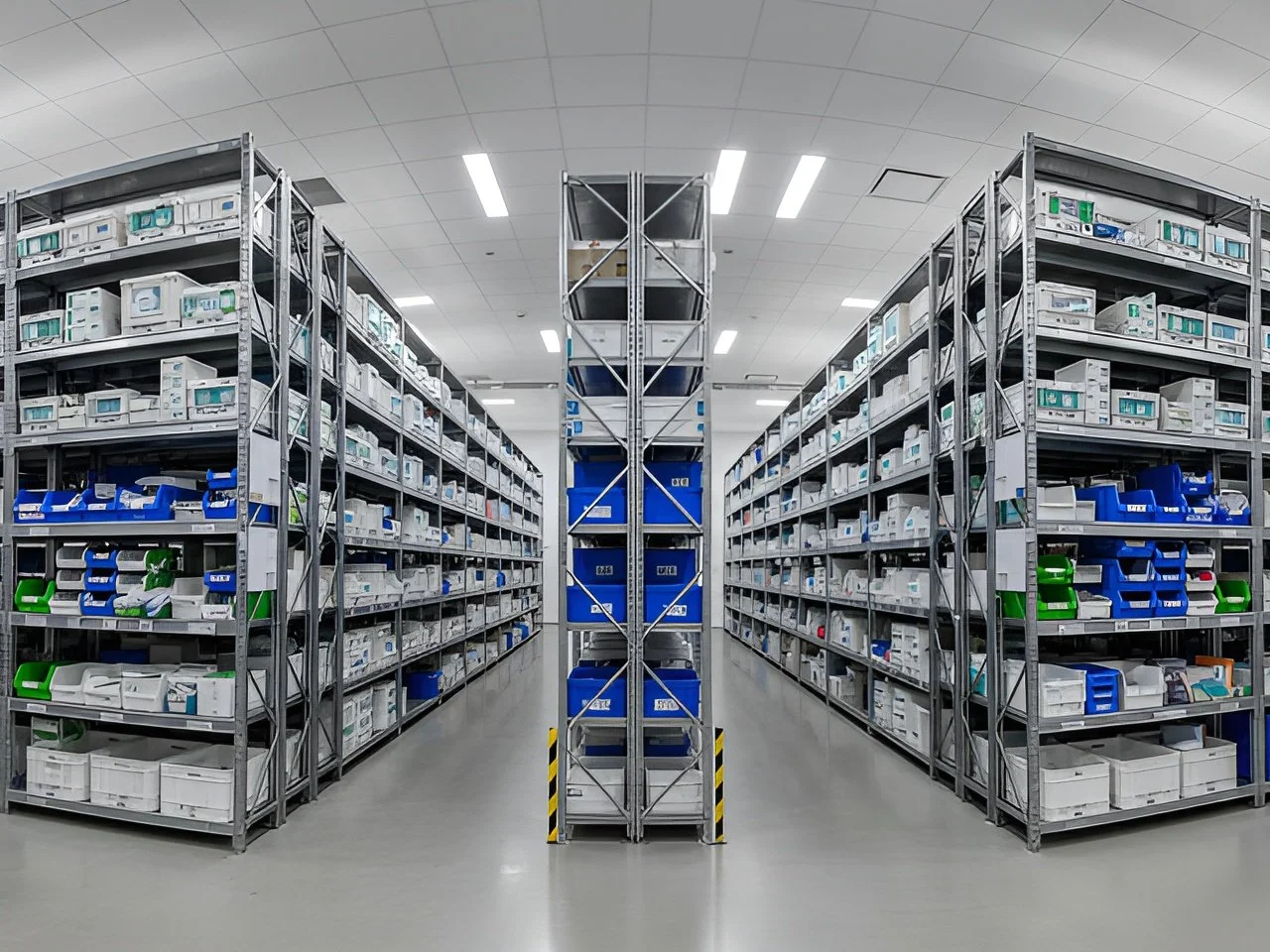 Industrial storage shelves filled with various packaged industrial supplies and equipment, arranged in a clean, well-lit warehouse.