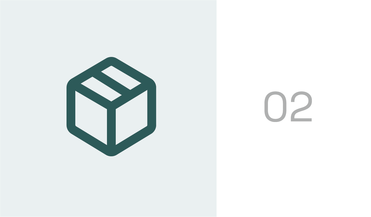 Graphic of a cube with two segments on the top, next to the number 02 on a black background.
