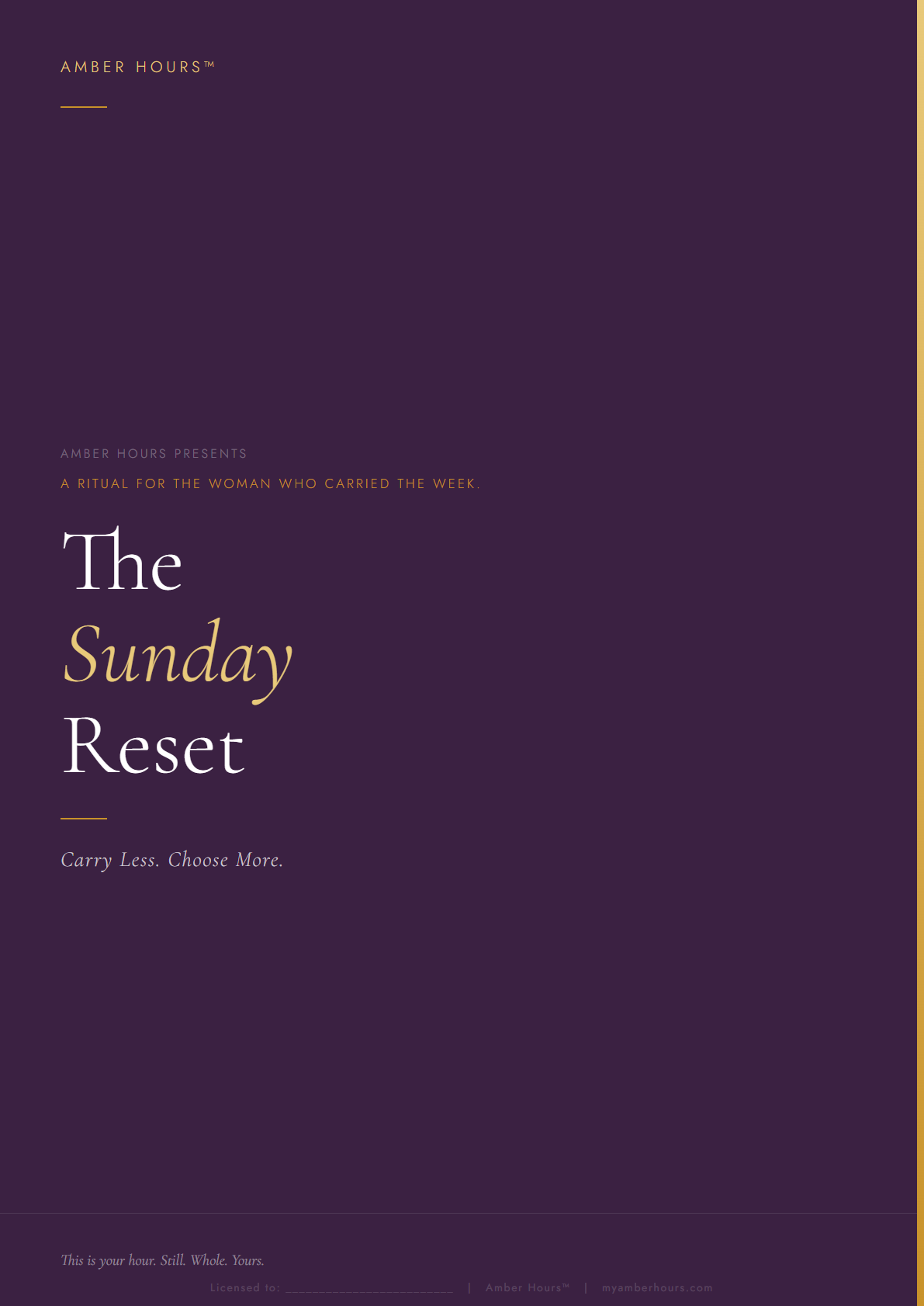 Purple and gold promotional poster for an event called 'The Sunday Reset' by Amber Hours, focusing on a ritual for women who carried the week, with a motivational tagline at the bottom.