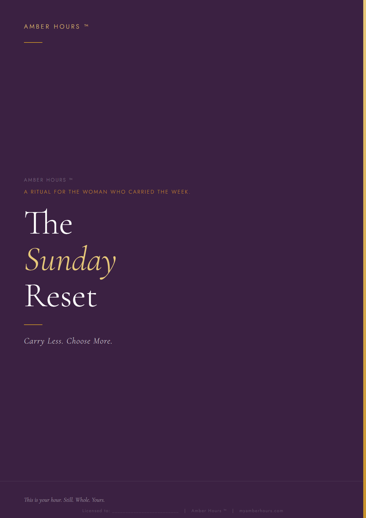 A dark purple background with gold and white text promoting Amber Hours' Sunday Reset ritual for women, encouraging less carry and more choice.