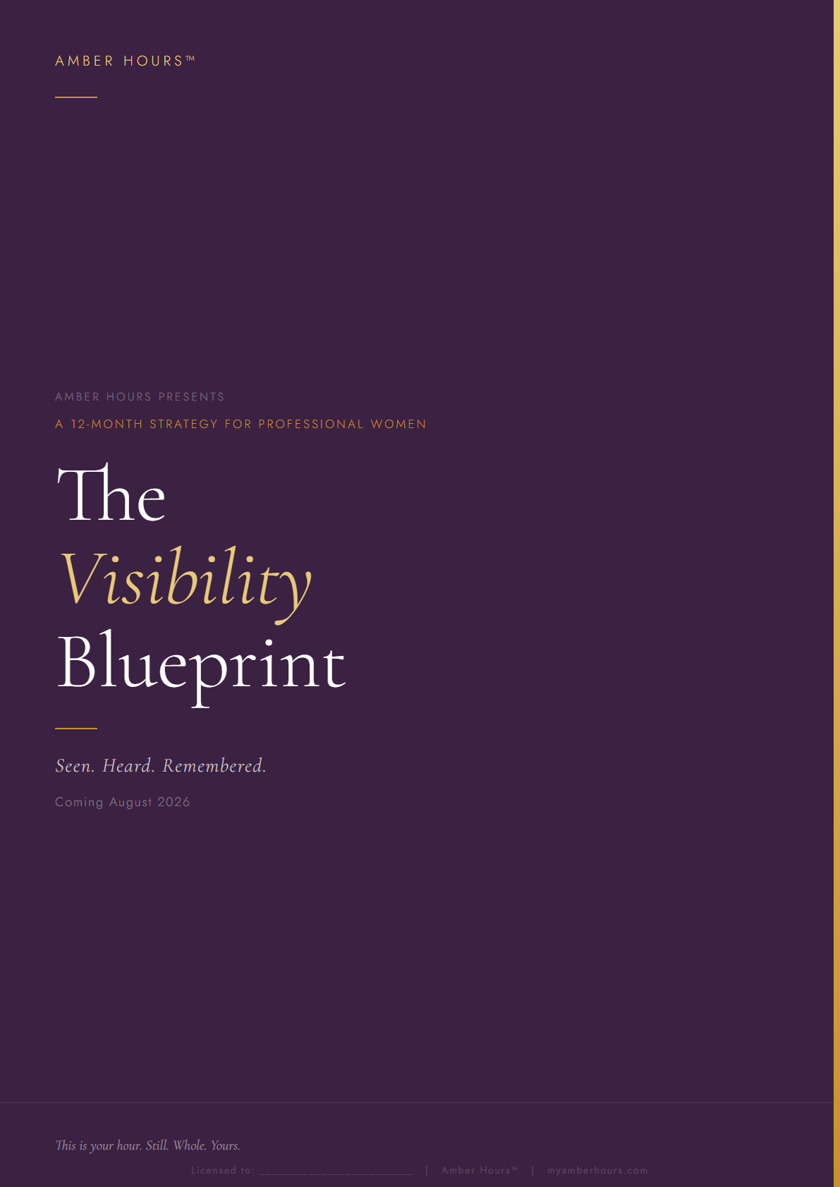 A promotional poster for Amber Hours' upcoming 12-month program titled "The Visibility Blueprint," starting August 2026, with a dark purple background and gold accents.