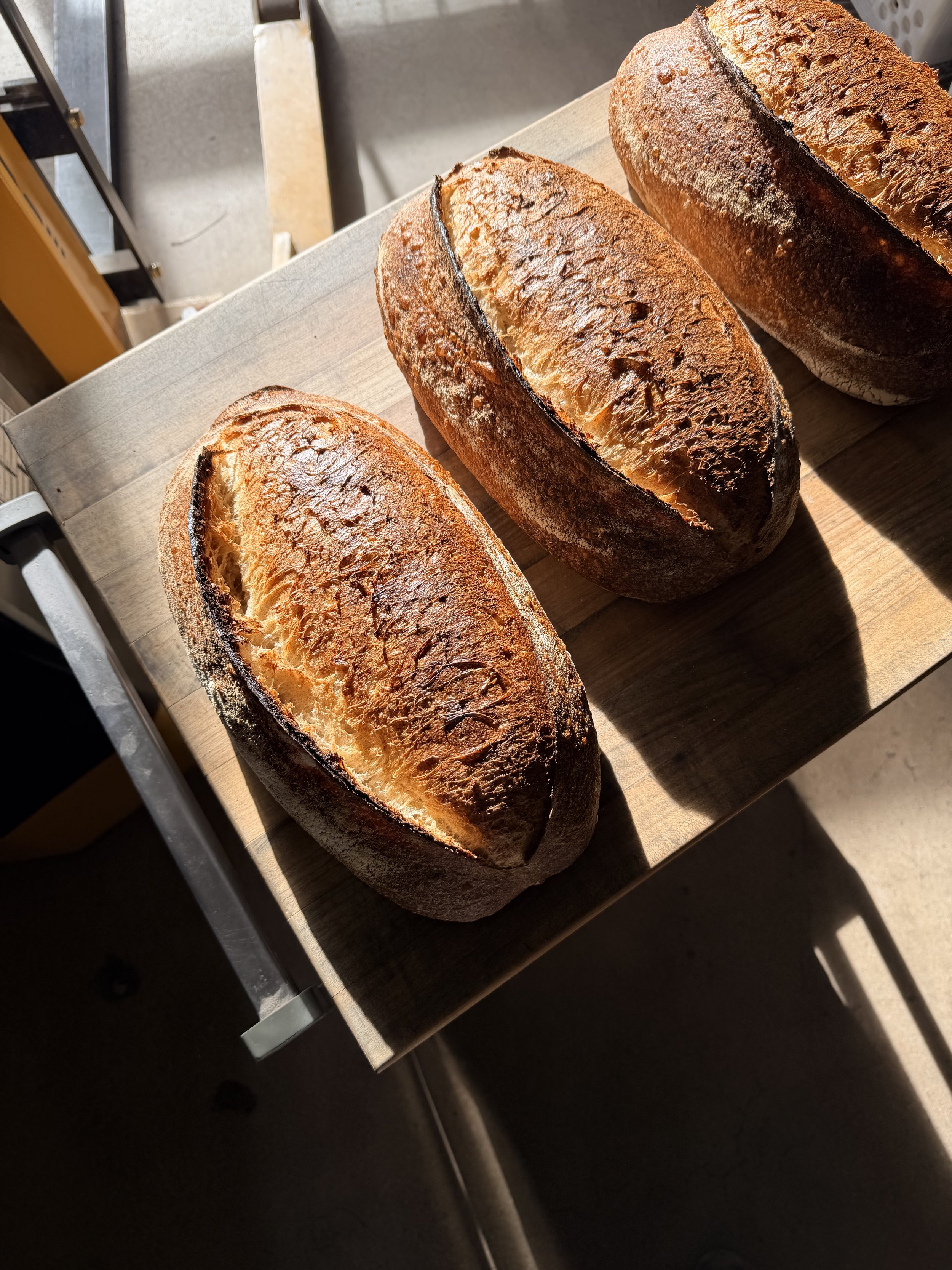 Three loaves of toasted bread on a wooden surface with a shadow cast over part of the loaves.