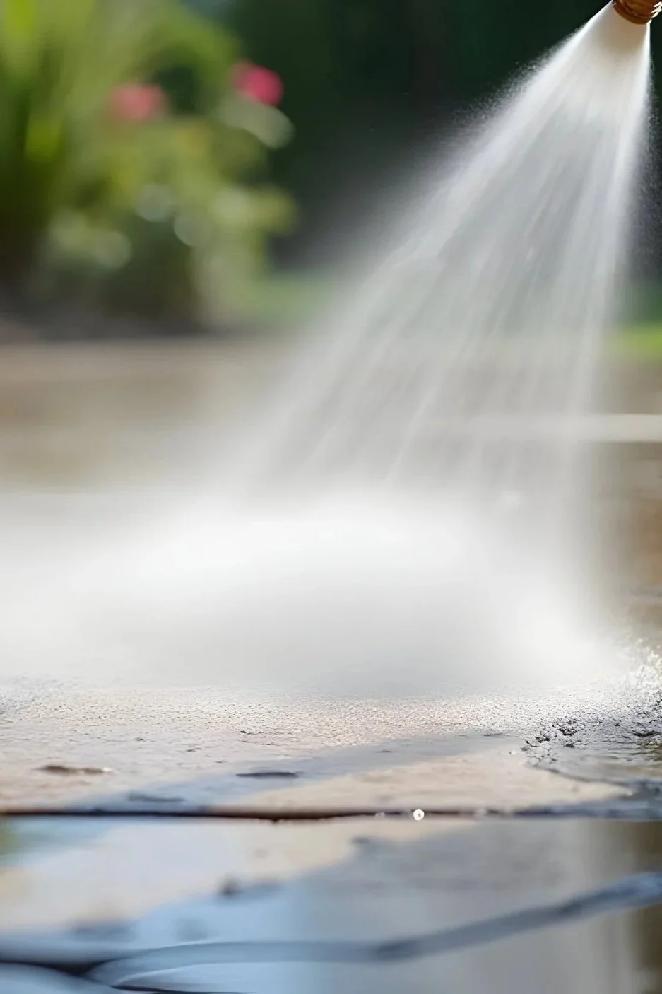 Close-up of a garden hose spraying water onto a surface with a blurred garden background.