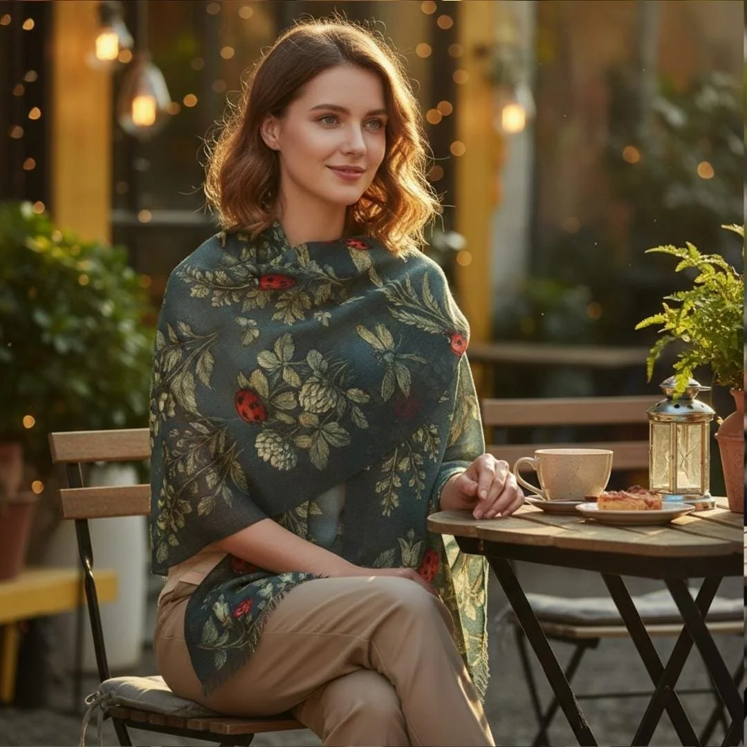 A woman sitting at an outdoor cafe table, wrapped in a floral shawl, with a coffee cup and some snacks on the table, during sunset.