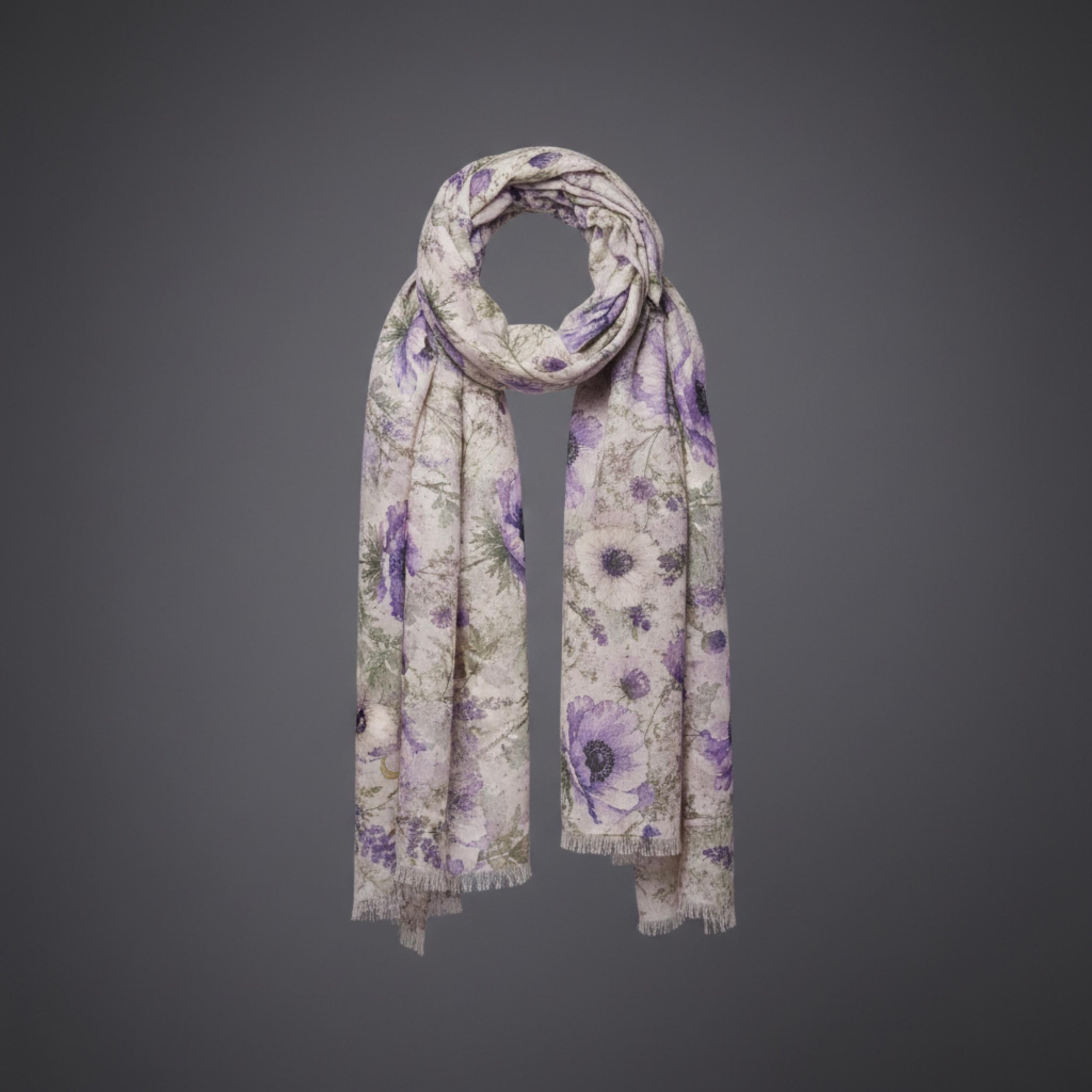 Watercolor Lavender Anemone Scarf, Purple Floral Wrap, Cottagecore Botanical Shawl