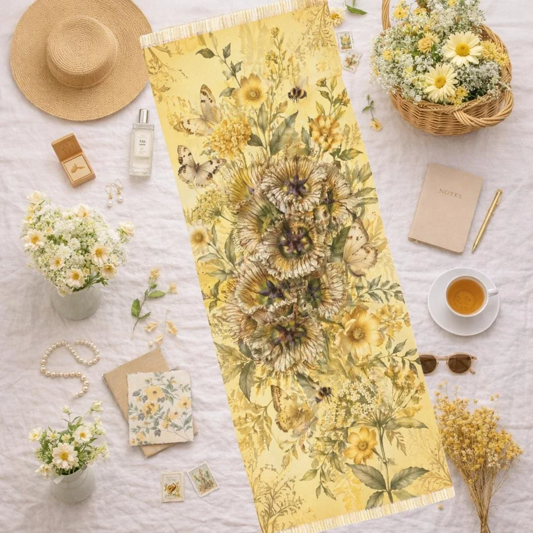 Golden Garden Botanical Scarf, Butter Yellow Floral Wrap, Vintage Wildflower Shawl