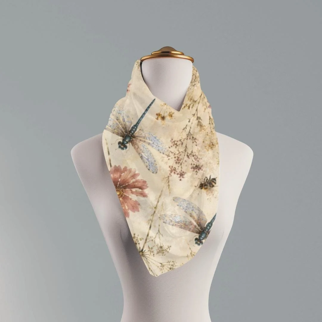 Dragonfly Wildflower Scarf, Ivory Botanical Garden Wrap, Watercolor Floral Shawl