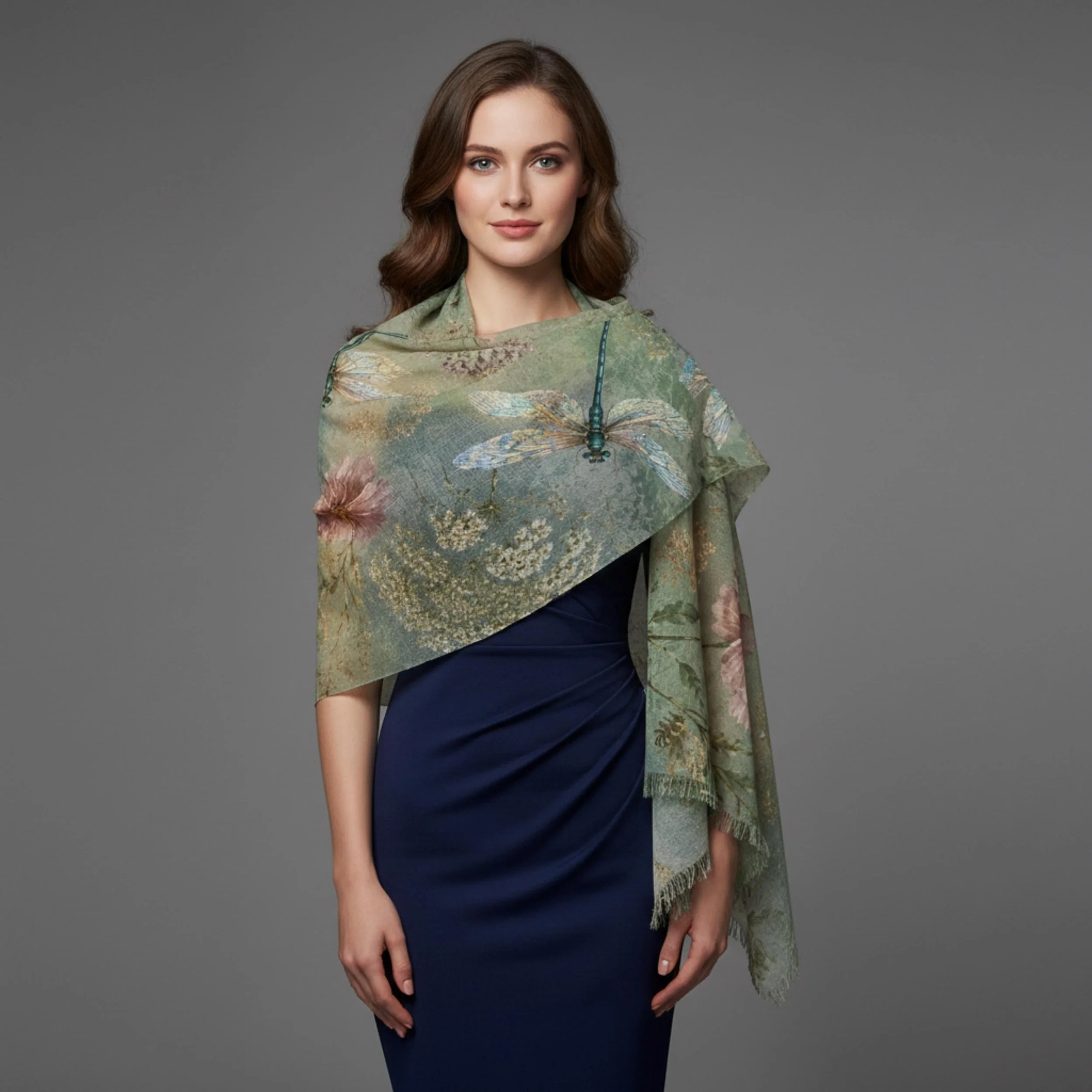 Dragonfly Meadow Scarf, Sage Green Botanical Wrap, Cottagecore Wildflower Shawl
